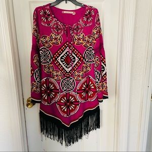 CHELSEA & VIOLET purple flare sleeve printed fringe lace up front dress size XS
